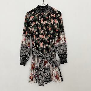 NEW Alice + Olivia Janis Mock Neck Dress Womens 4 Black Floral Mini Dream Castle